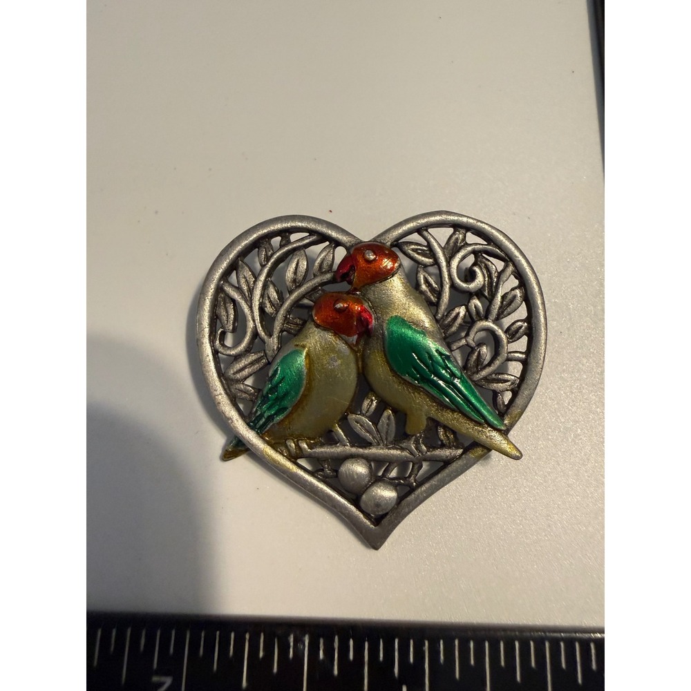 Vintage JJ Jonette Jewelry Pewter Heart Lovebirds Enamel Brooch‎ Pin Silver Tone